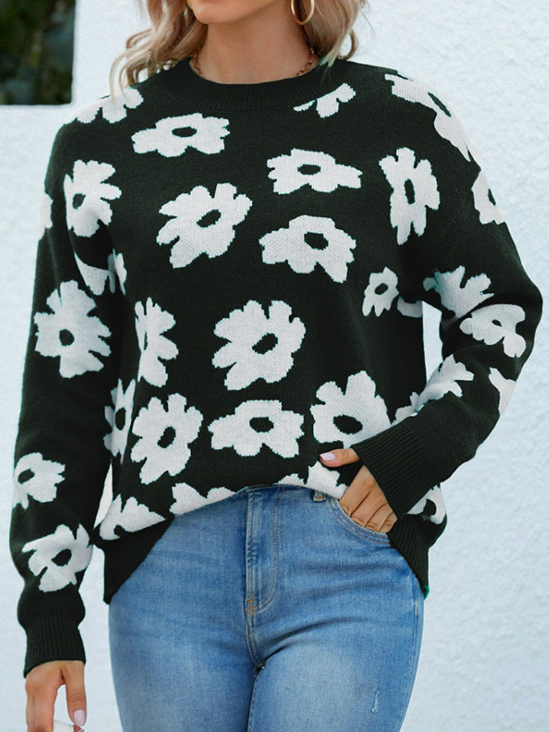 Floral Round Neck Sweater - Pahabu - Women's Clothing & Shop