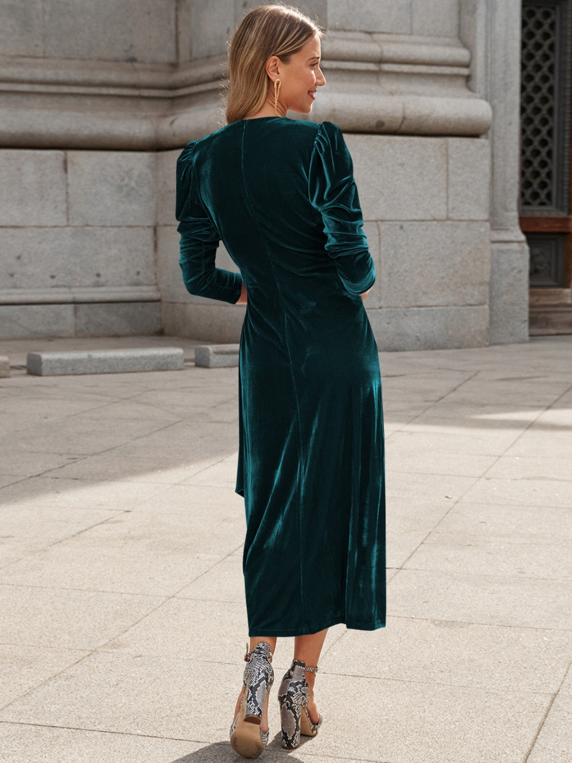 Surplice Puff Sleeve Midi Dress - Pahabu - Women's Clothing & Shop
