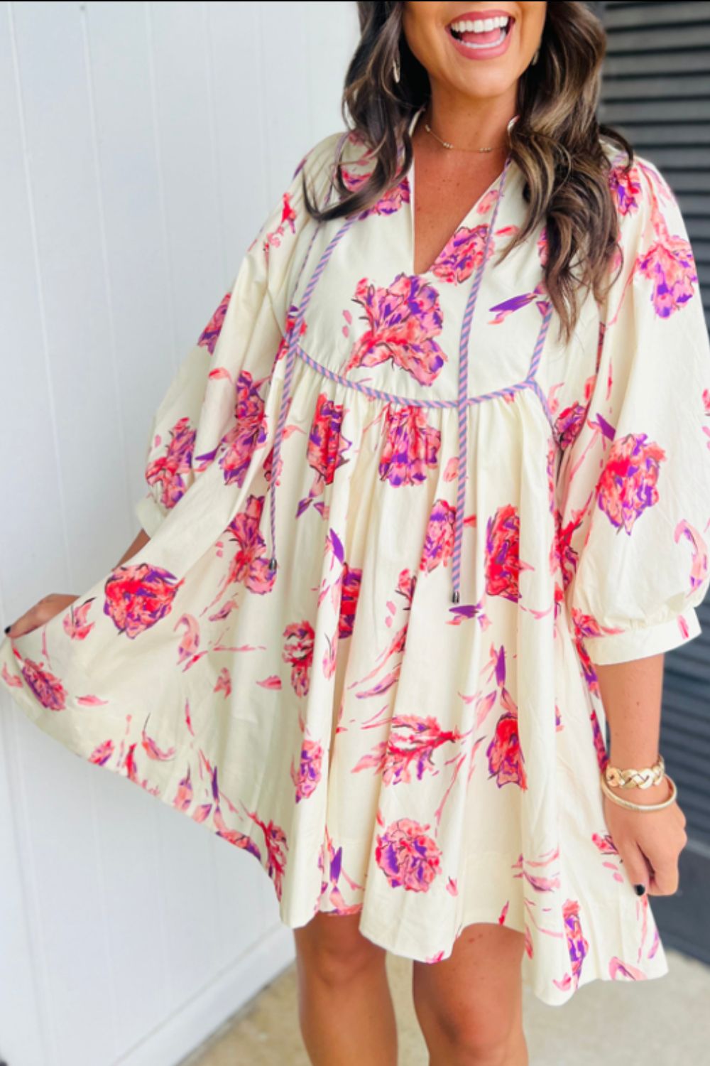 Tied Flower Printed Three-Quarter Sleeve Dress - Pahabu - Women's Clothing & Shop
