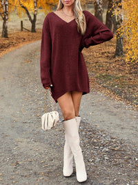 V-Neck Dropped Shoulder Sweater Dress - Pahabu - Women's Clothing & Shop