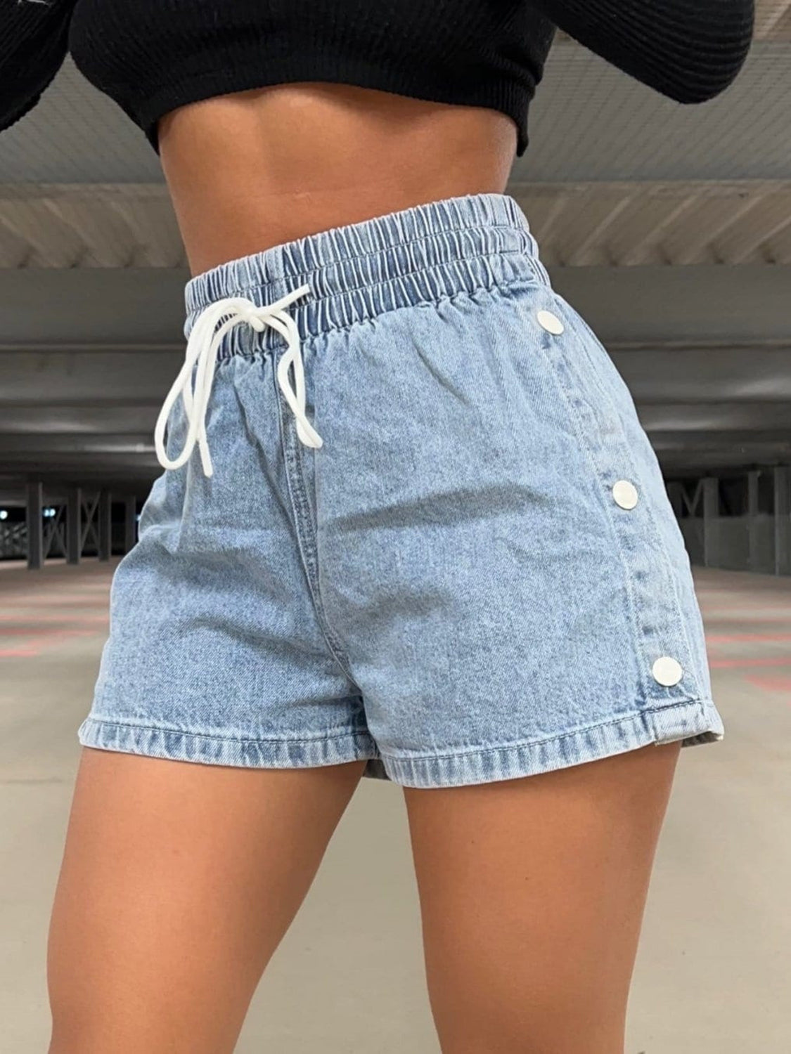 Drawstring High Waist Denim Shorts - Pahabu - Women's Clothing & Shop
