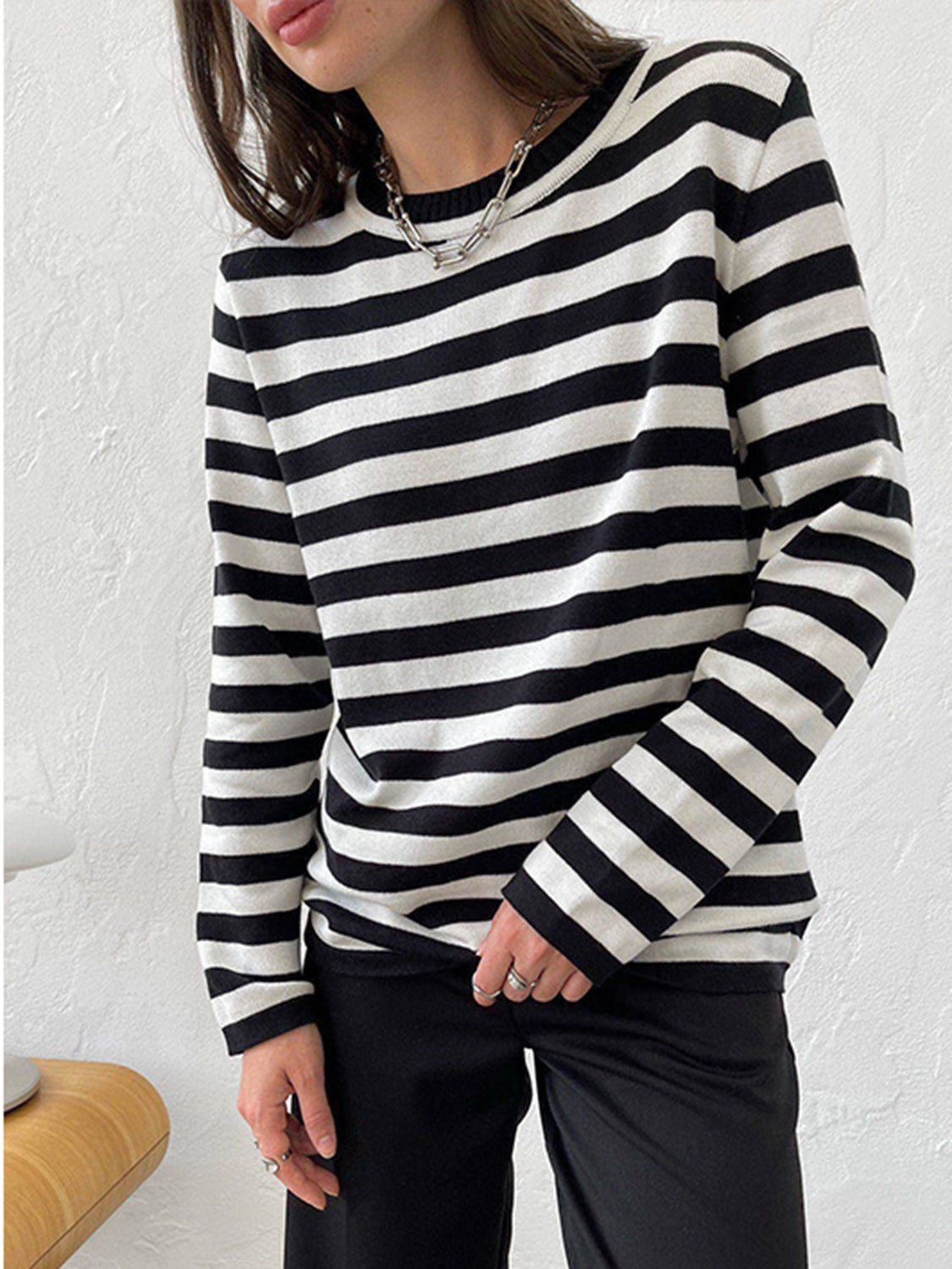 Striped Round Neck Long Sleeve Sweater - Pahabu - Women's Clothing & Shop