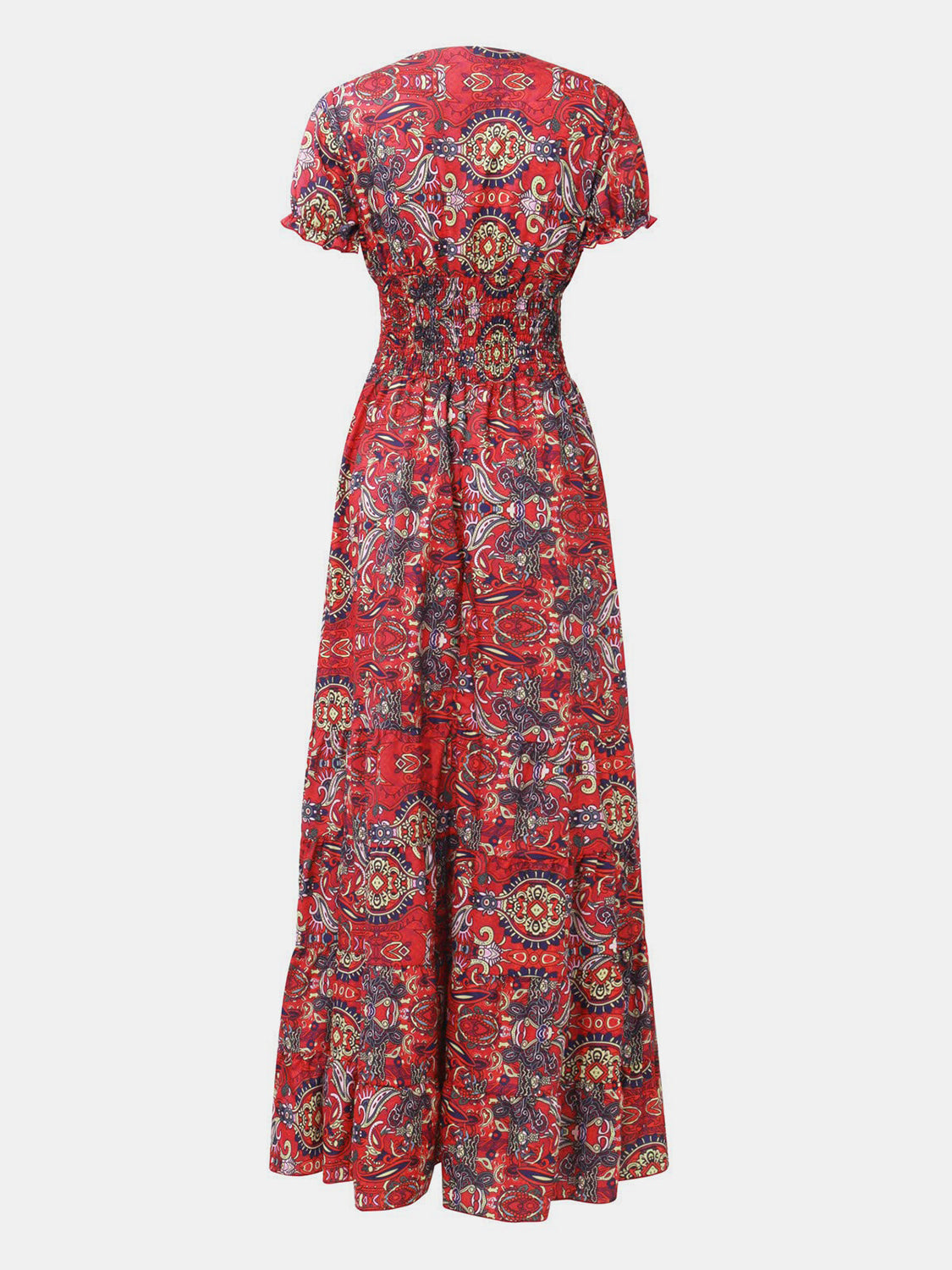Full Size Smocked Printed V-Neck Short Sleeve Dress - Pahabu - Women's Clothing & Shop