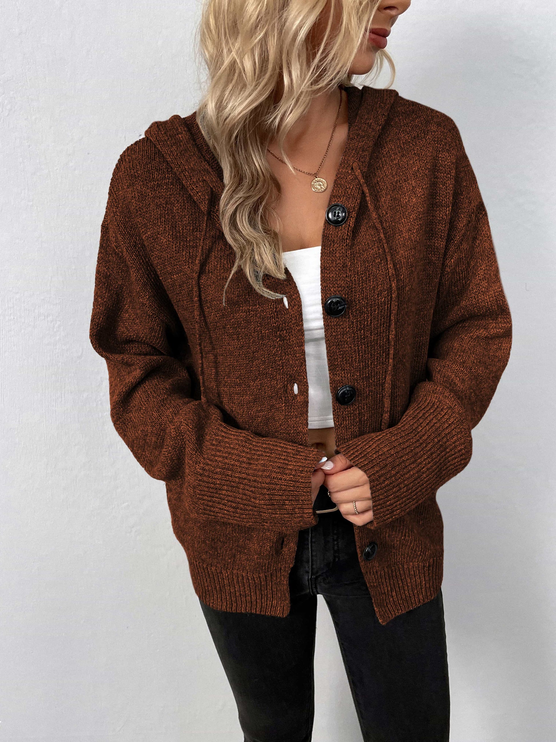 Button-Down Long Sleeve Hooded Sweater - Pahabu - Women's Clothing & Shop