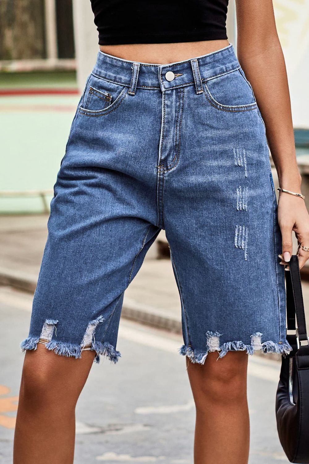 Raw Hem High Waist Denim Shorts with Pockets - Pahabu - Women's Clothing & Shop