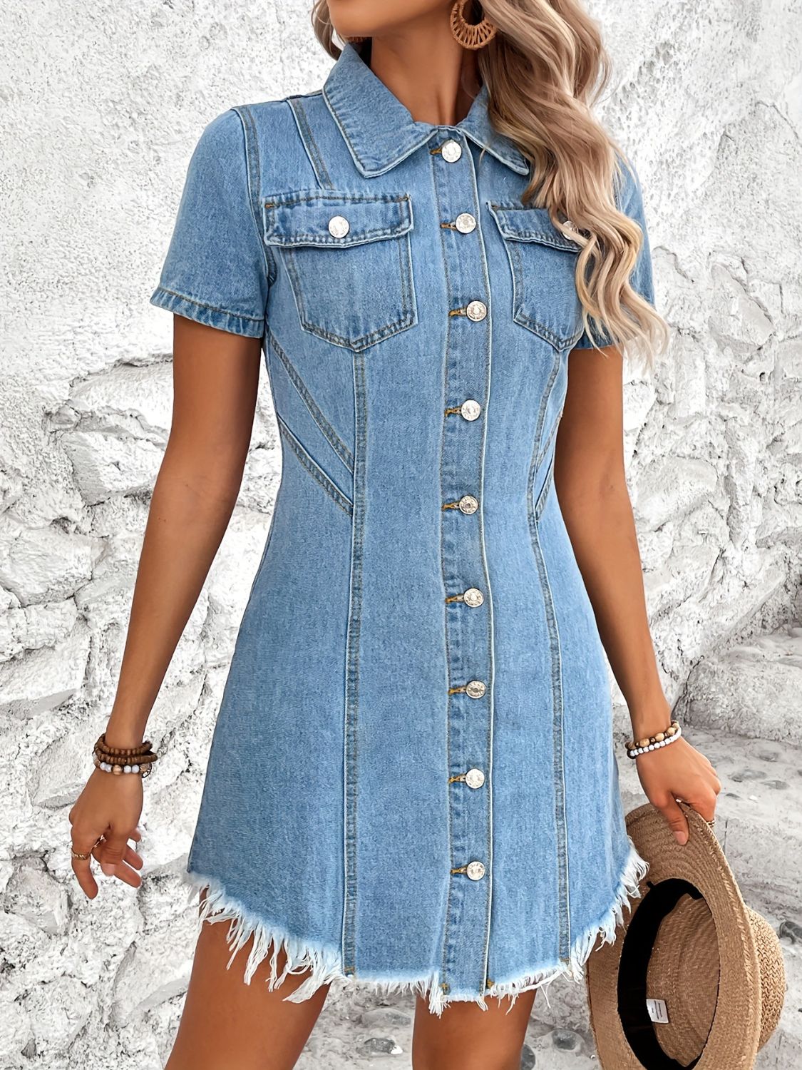 Raw Hem Button Up Short Sleeve Denim Dress - Pahabu - Women's Clothing & Shop