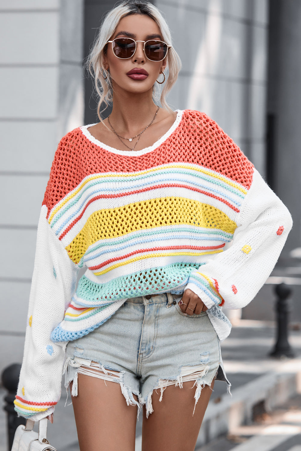 Openwork Striped Round Neck Long Sleeve Sweater - Pahabu - Women's Clothing & Shop
