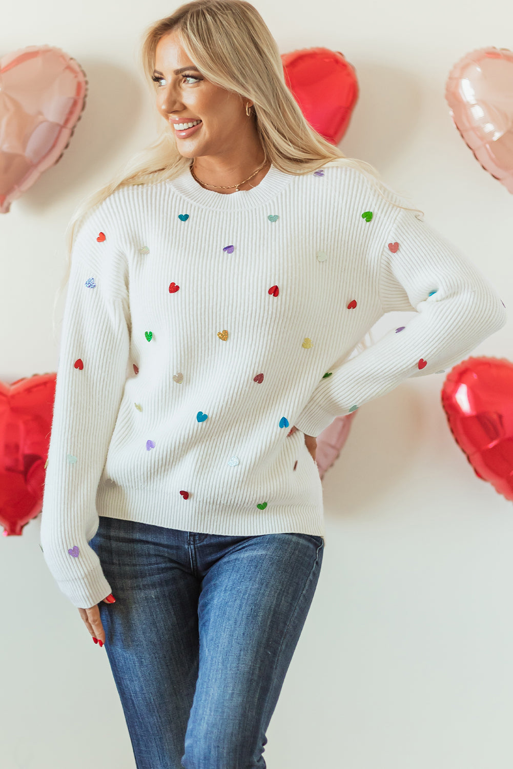 Heart Sequin Round Neck Long Sleeve Sweater - Pahabu - Women's Clothing & Shop