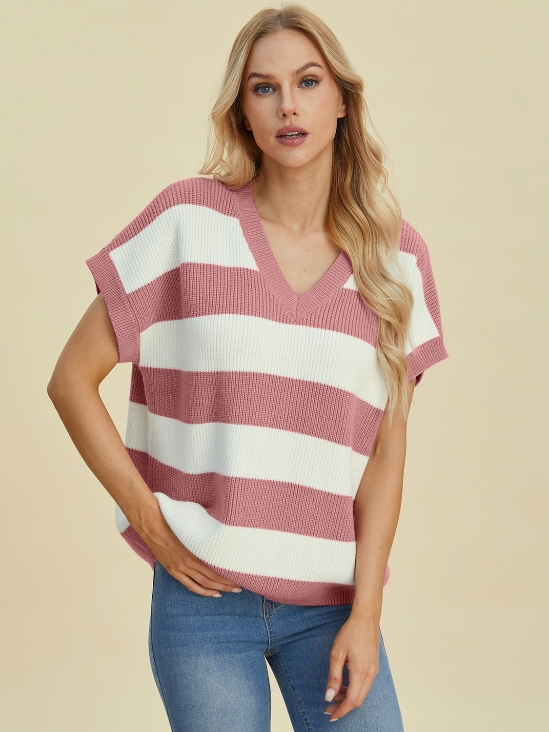 Double Take Full Size Striped V-Neck Short Sleeve Sweater - Pahabu - Women's Clothing & Shop
