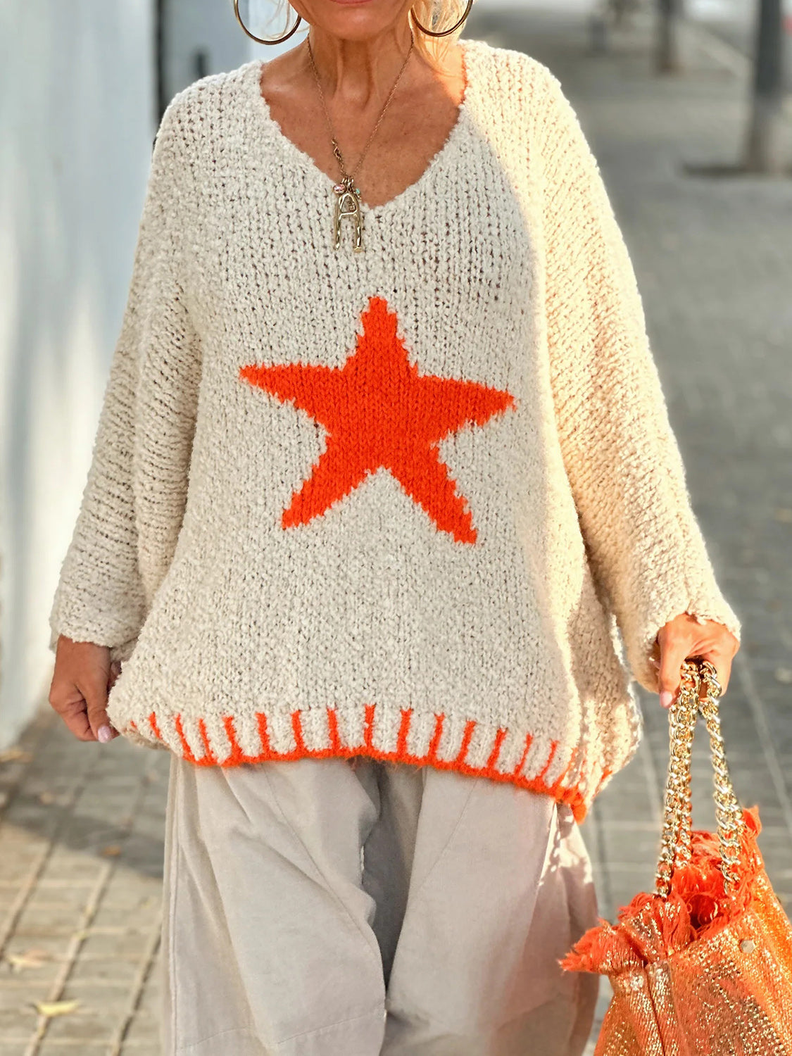Star V-Neck Long Sleeve Oversize Sweater - Pahabu - Women's Clothing & Shop