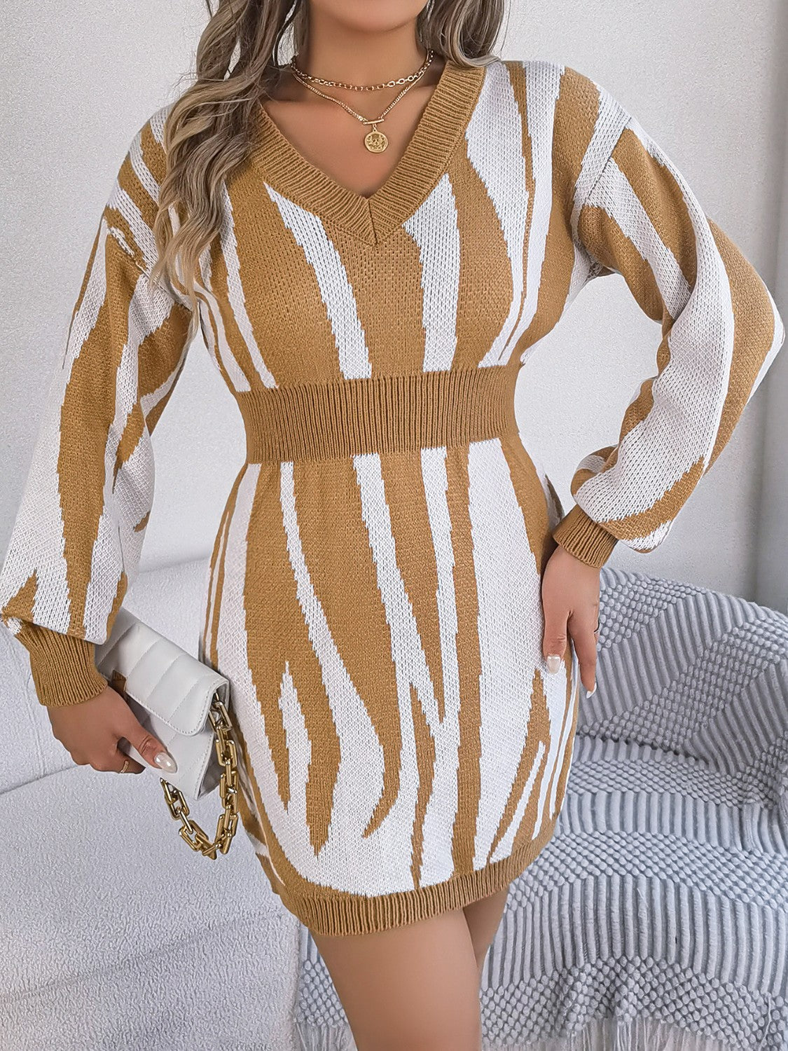 Animal Print V-Neck Long Sleeve Sweater Dress - Pahabu - Women's Clothing & Shop