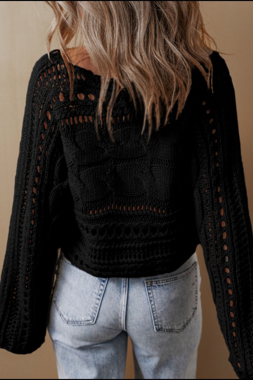 Openwork Cable Knit Long Sleeve Sweater - Pahabu - Women's Clothing & Shop
