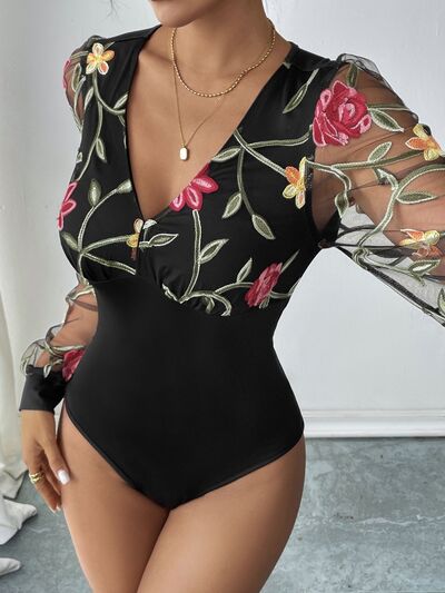 Perfee Embroidered V-Neck Long Sleeve Bodysuit - Pahabu - Women's Clothing & Shop