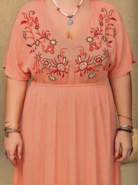 Plus Size Frill Embroidered V-Neck Half Sleeve Maxi Dress - Pahabu - Women's Clothing & Shop