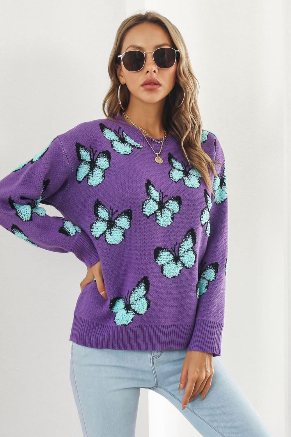 Butterfly Pattern Round Neck Dropped Shoulder Sweater - Pahabu - Women's Clothing & Shop