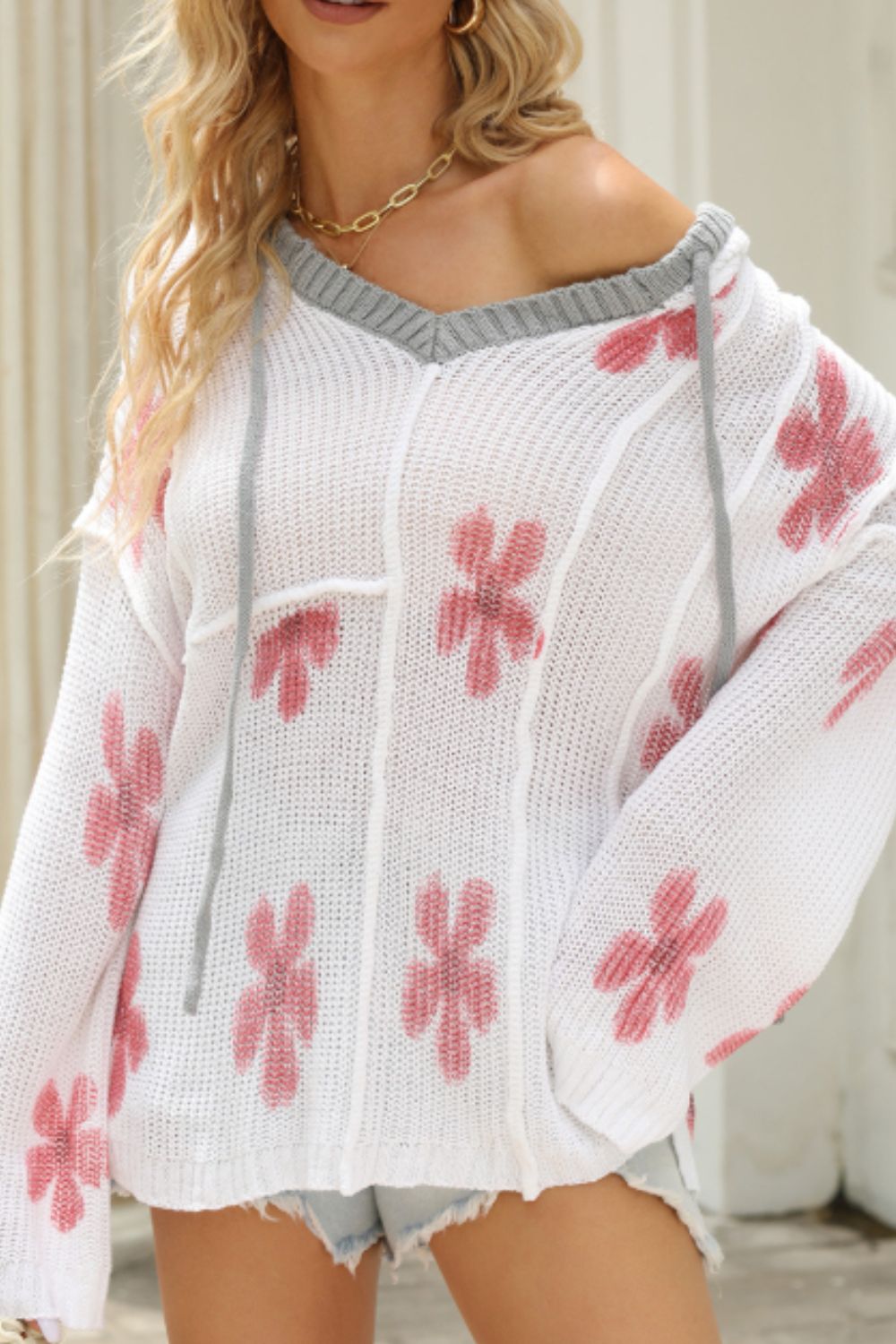 Drawstring Flower Hooded Knit Top - Pahabu - Women's Clothing & Shop