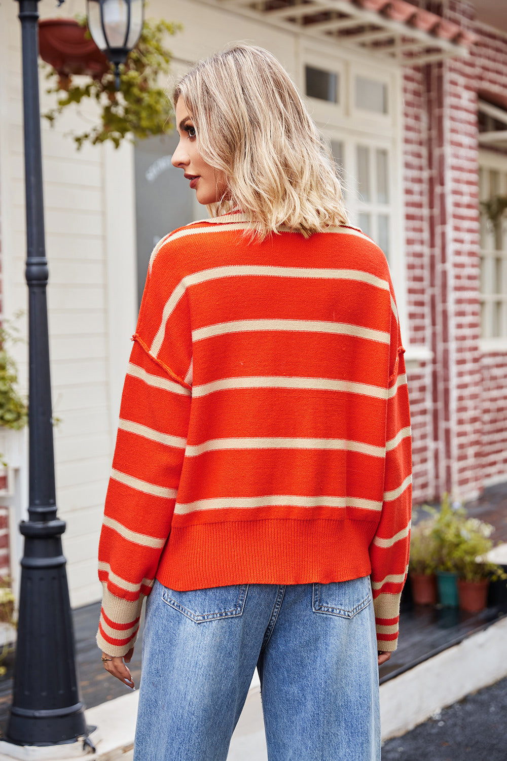 Striped Johnny Collar Sweater - Pahabu - Women's Clothing & Shop