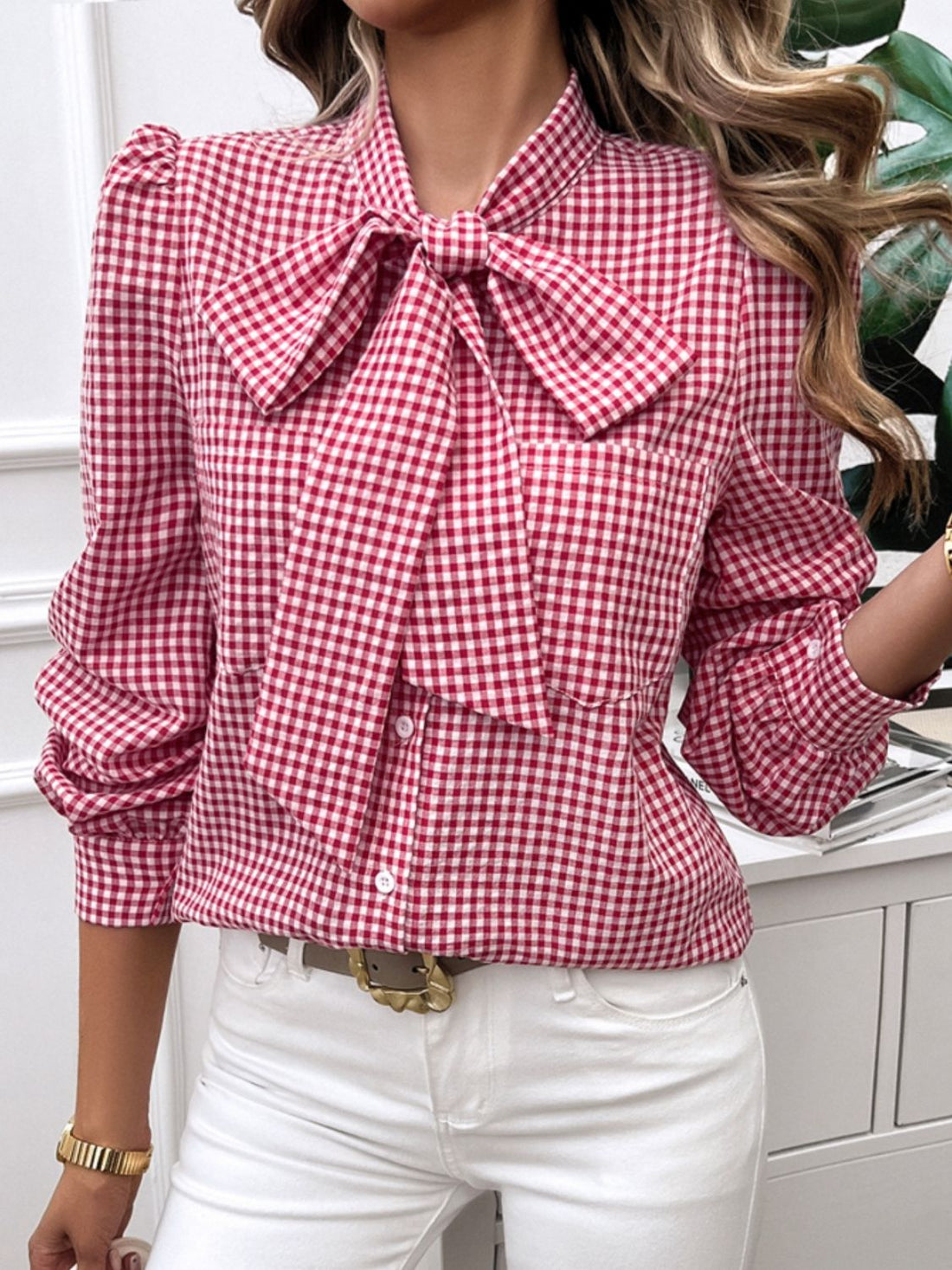 Devine Pocketed Plaid Tie Neck Long Sleeve Shirt - Pahabu - Women's Clothing & Shop