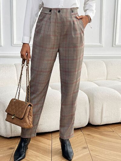 Perfee Plaid Straight Pants with Pockets - Pahabu - Women's Clothing & Shop