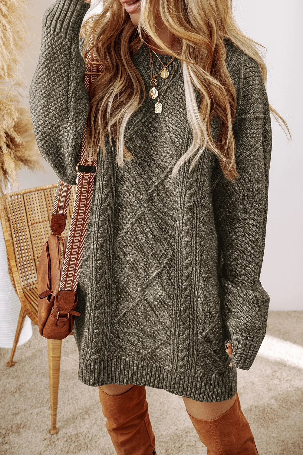 Cable-Knit Round Neck Sweater Dress - Pahabu - Women's Clothing & Shop