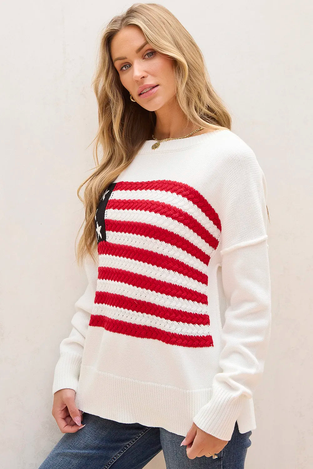 US Flag Round Neck Long Sleeve Knit Top - Pahabu - Women's Clothing & Shop