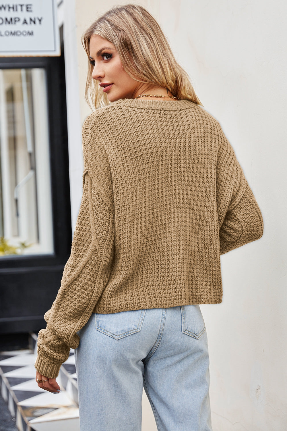 Cable-Knit Round Neck Dropped Shoulder Sweater - Pahabu - Women's Clothing & Shop