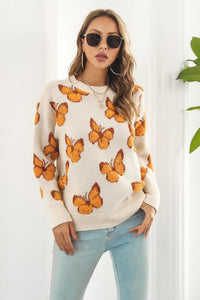 Butterfly Pattern Round Neck Dropped Shoulder Sweater - Pahabu - Women's Clothing & Shop