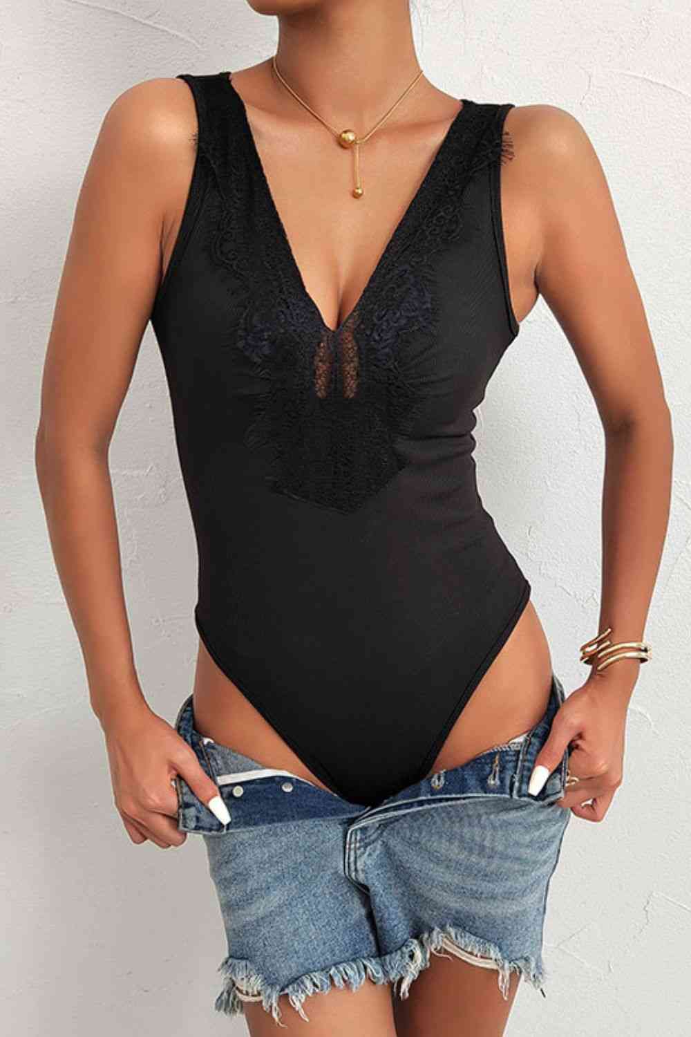 Perfee Spliced Lace Deep V Sleeveless Bodysuit - Pahabu - Women's Clothing & Shop