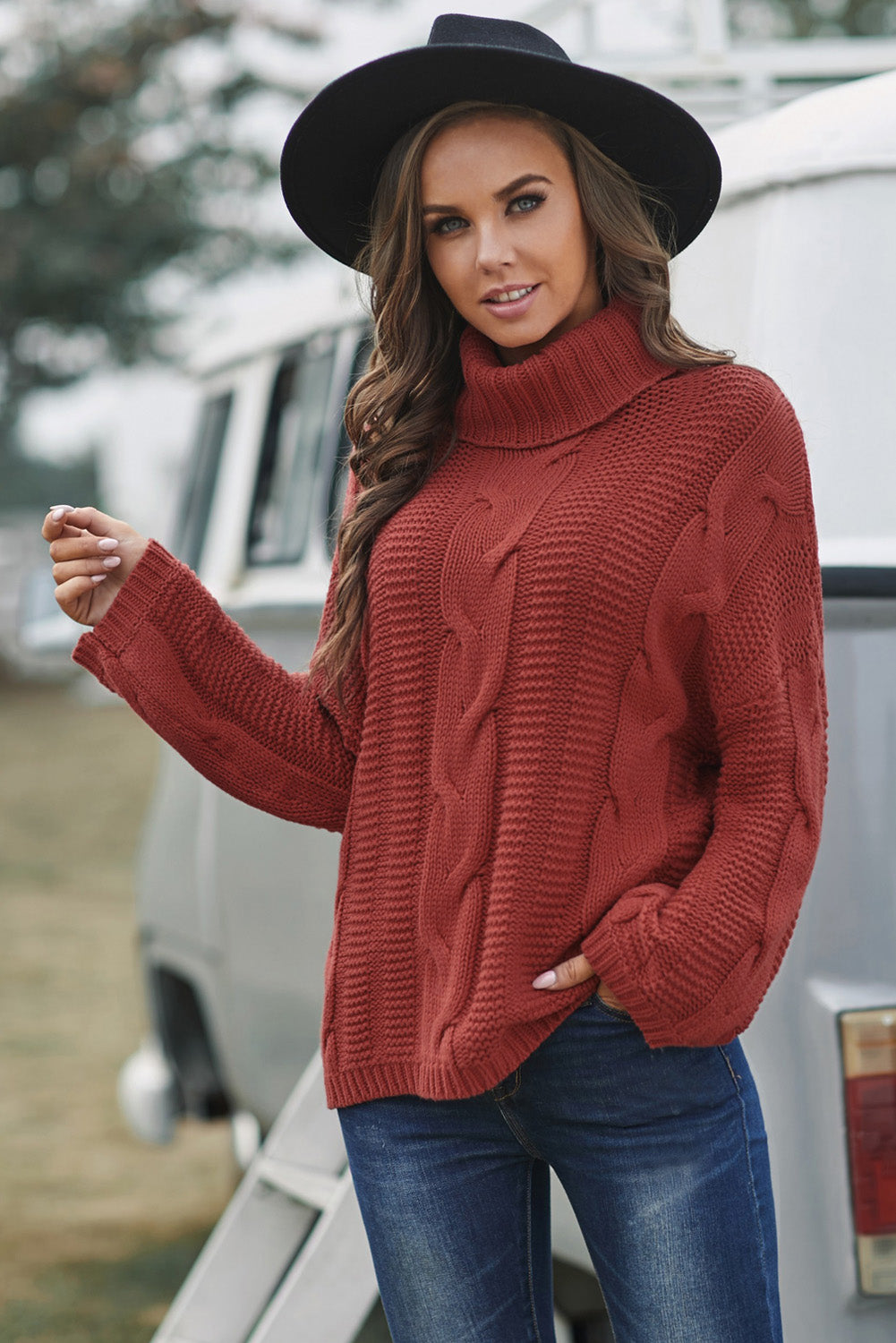 Cable-Knit Turtleneck Dropped Shoulder Sweater - Pahabu - Women's Clothing & Shop