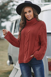 Cable-Knit Turtleneck Dropped Shoulder Sweater - Pahabu - Women's Clothing & Shop