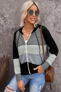 Zip-Up Raglan Sleeve Openwork Hooded Cardigan - Pahabu - Women's Clothing & Shop