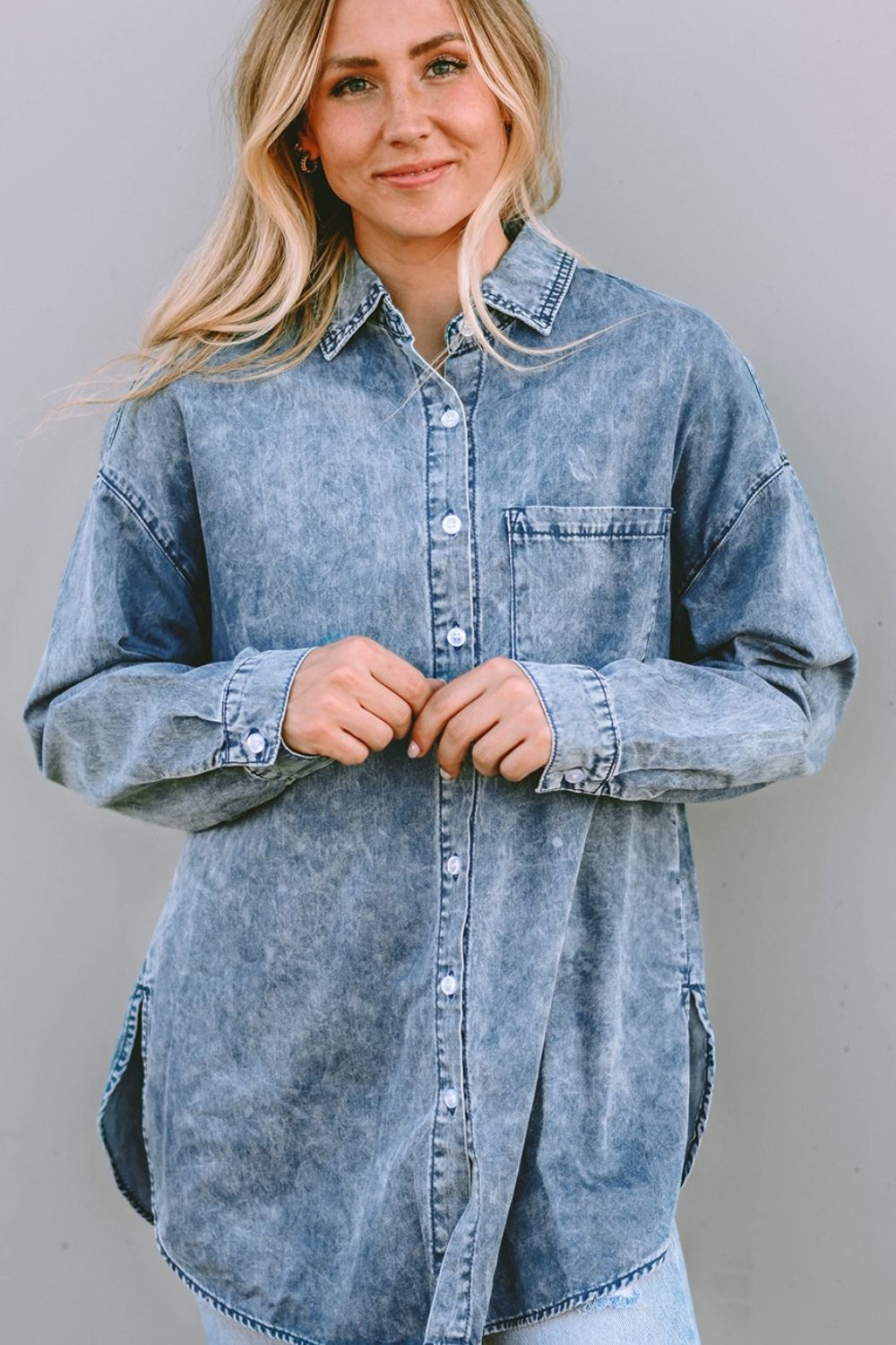 Button Up Dropped Shoulder Denim Top - Pahabu - Women's Clothing & Shop