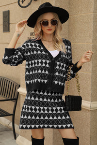 Geometric Button Front Cardigan and Skirt Set - Pahabu - Women's Clothing & Shop