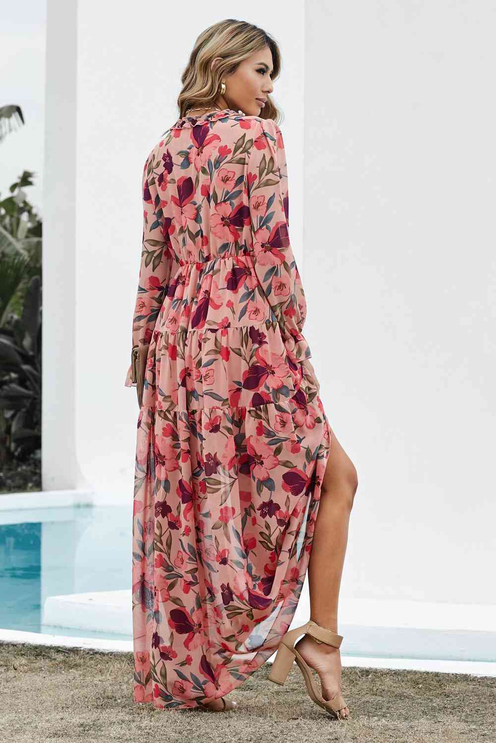 Floral Frill Trim Flounce Sleeve Plunge Maxi Dress - Pahabu - Women's Clothing & Shop