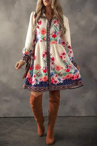 Flower Button Down Lantern Sleeve Dress - Pahabu - Women's Clothing & Shop