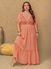 Plus Size Frill Embroidered V-Neck Half Sleeve Maxi Dress - Pahabu - Women's Clothing & Shop