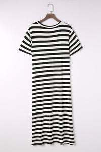 Striped V-Neck Short Sleeve Side Slit Dress - Pahabu - Women's Clothing & Shop