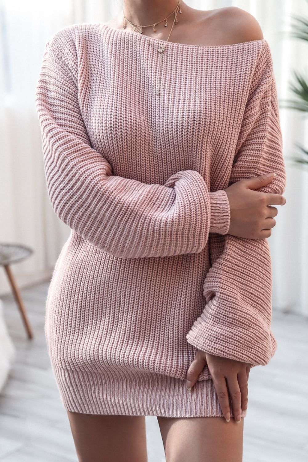 Boat Neck Long Sleeve Mini Sweater Dress - Pahabu - Women's Clothing & Shop