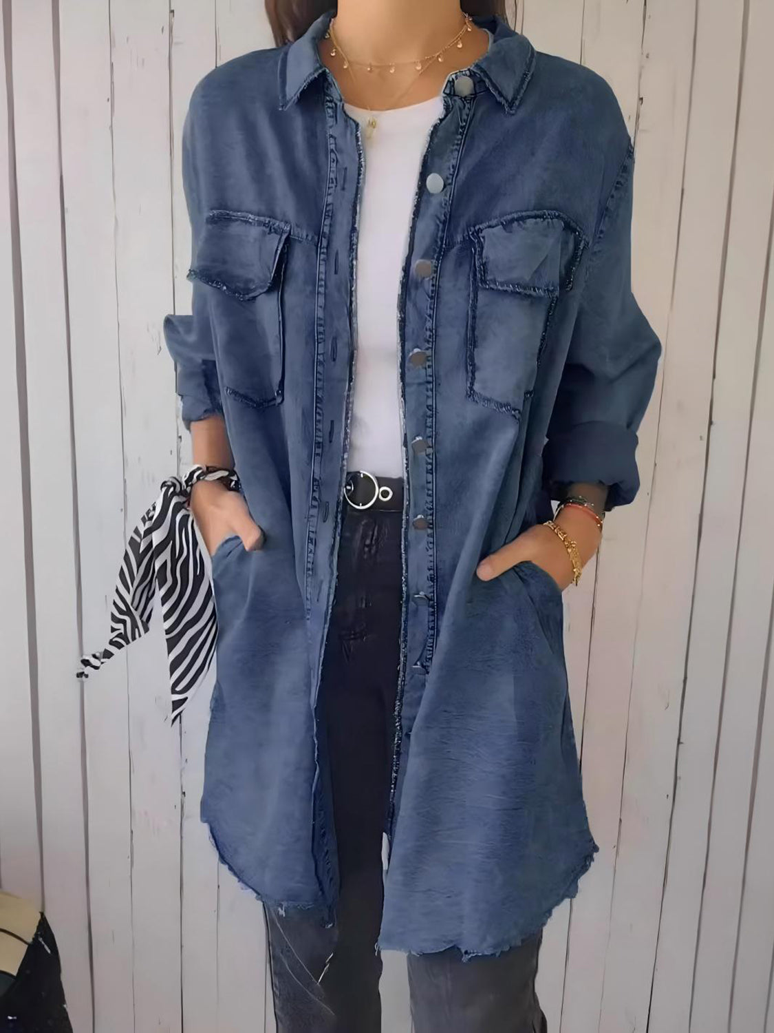 Full Size Raw Hem Button Up Long Sleeve Denim Top Plus Size - Pahabu - Women's Clothing & Shop