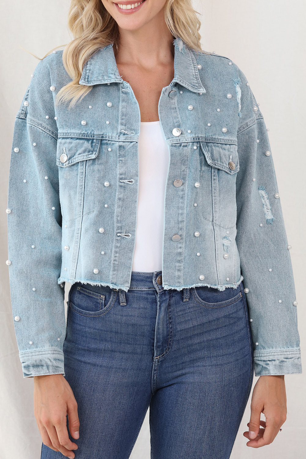 Distressed Pearl Trim Button Up Denim Jacket - Pahabu - Women's Clothing & Shop