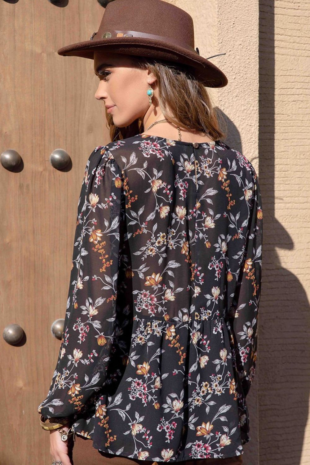 Printed Round Neck Long Sleeve Blouse - Pahabu - Women's Clothing & Shop
