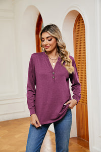 Buttoned Notched Neck Long Sleeve Top - Pahabu - Women's Clothing & Shop