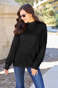 Basic Bae Full Size Ribbed Exposed Seam Mock Neck Knit Top