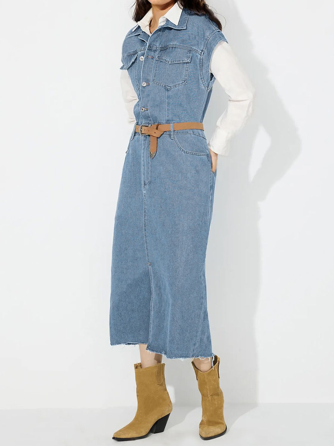 Slit Half Button Collared Neck Cap Sleeve Denim Dress - Pahabu - Women's Clothing & Shop