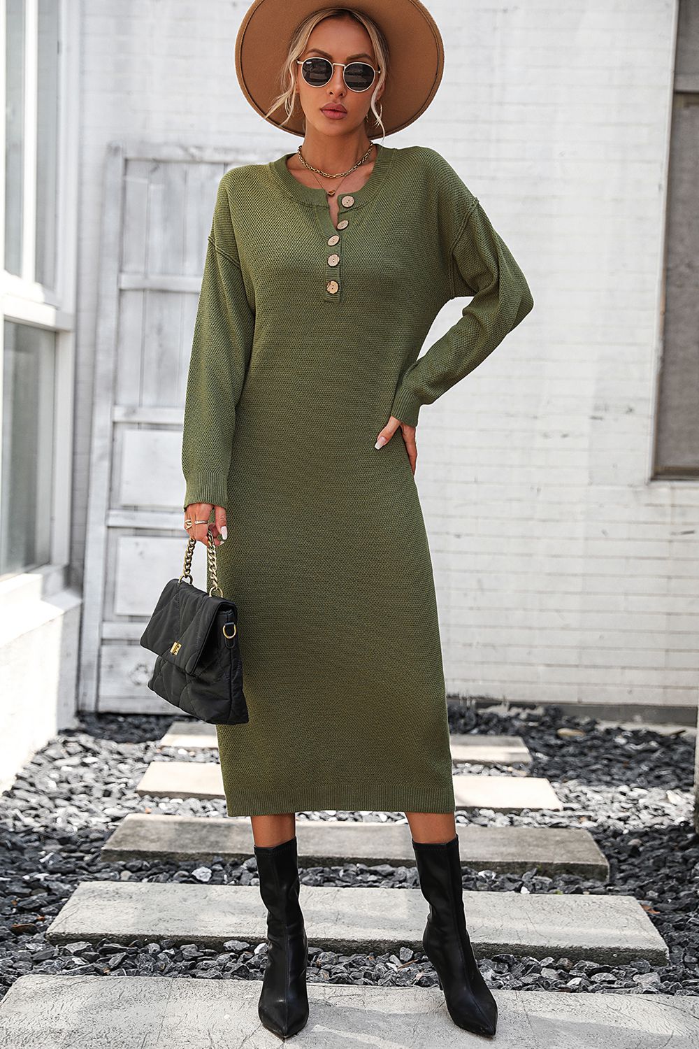 Notched Neck Dropped Shoulder Button-Down Midi Dress - Pahabu - Women's Clothing & Shop