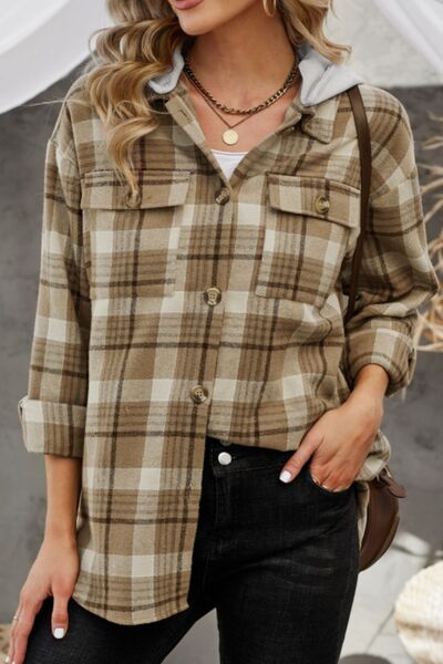 Plaid Button Up Long Sleeve Hooded Jacket - Pahabu - Women's Clothing & Shop