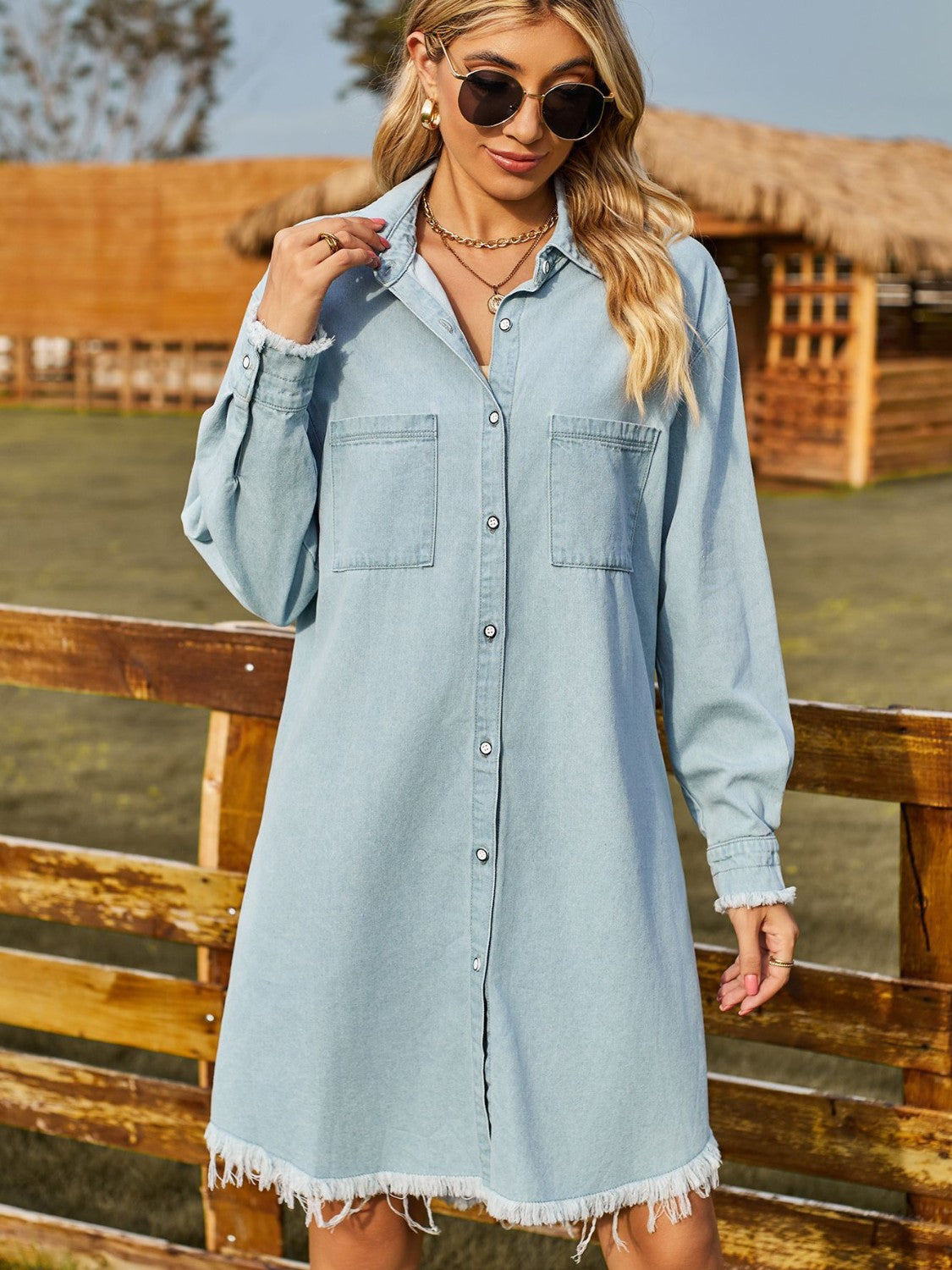 Button Up Collared Neck Raw Hem Denim Dress - Pahabu - Women's Clothing & Shop