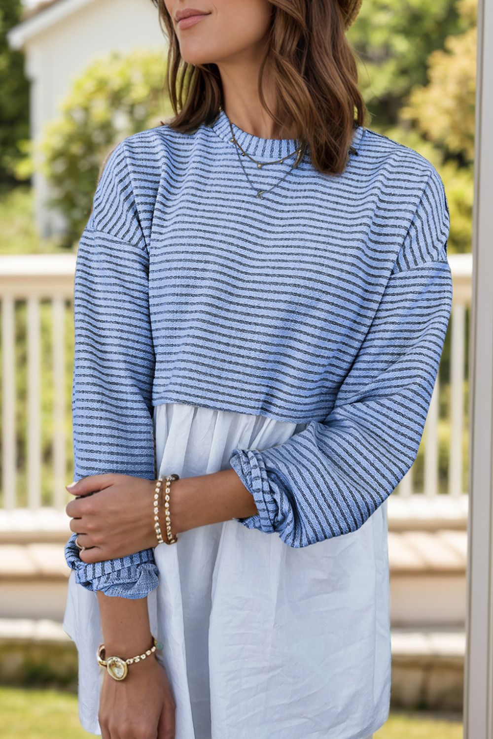 Striped Round Neck Long Sleeve Mini Dress - Pahabu - Women's Clothing & Shop