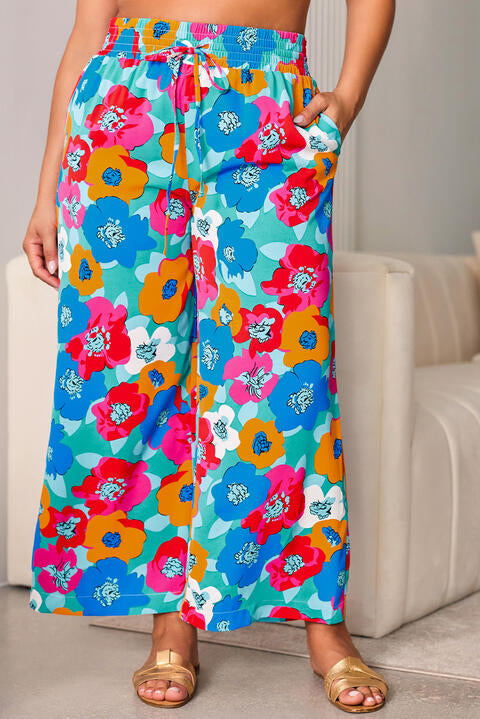 Plus Size Floral Drawstring Wide Leg Pants with Pockets - Pahabu - Women's Clothing & Shop