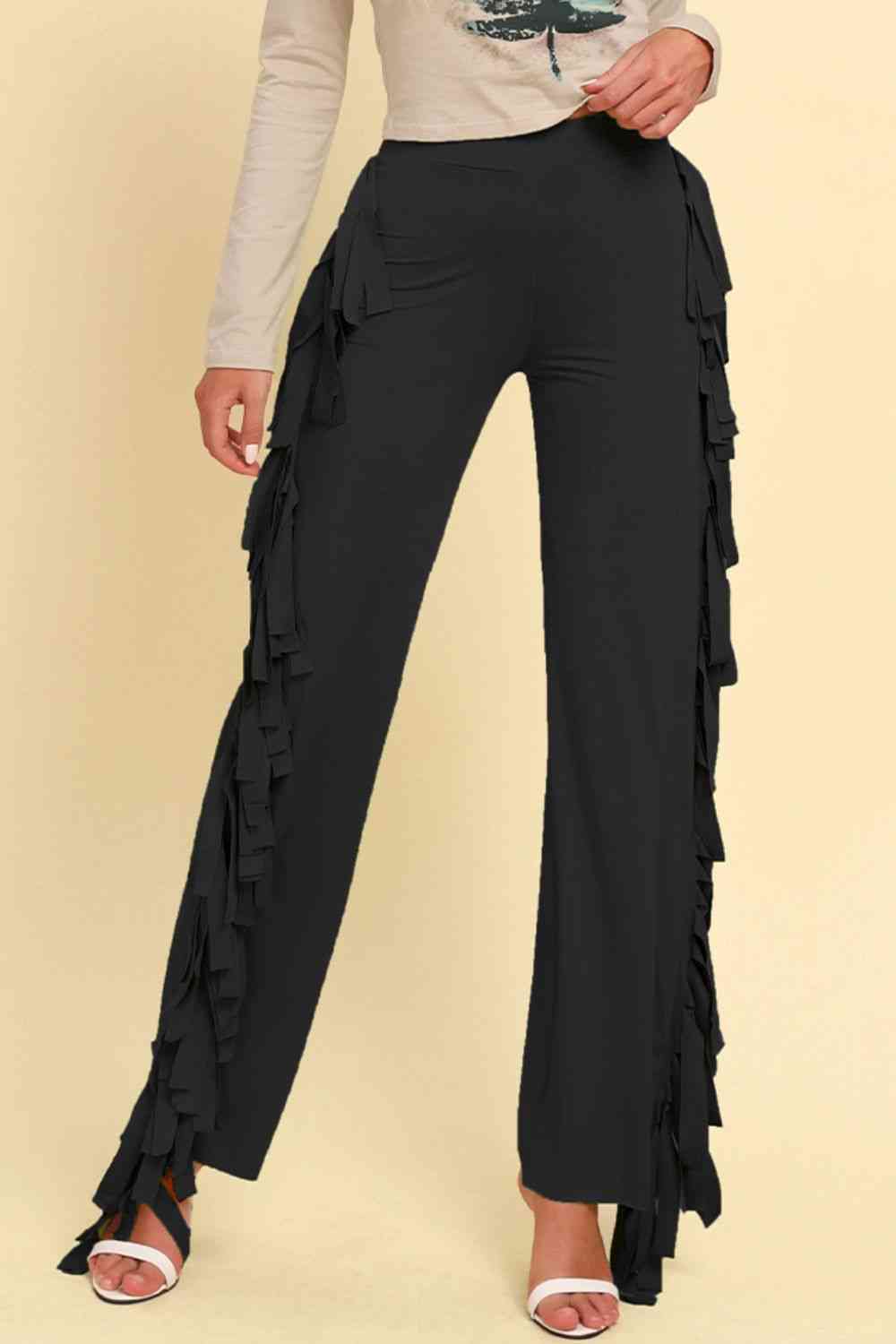 Fringe Trim Wide Leg Pants - Pahabu - Women's Clothing & Shop